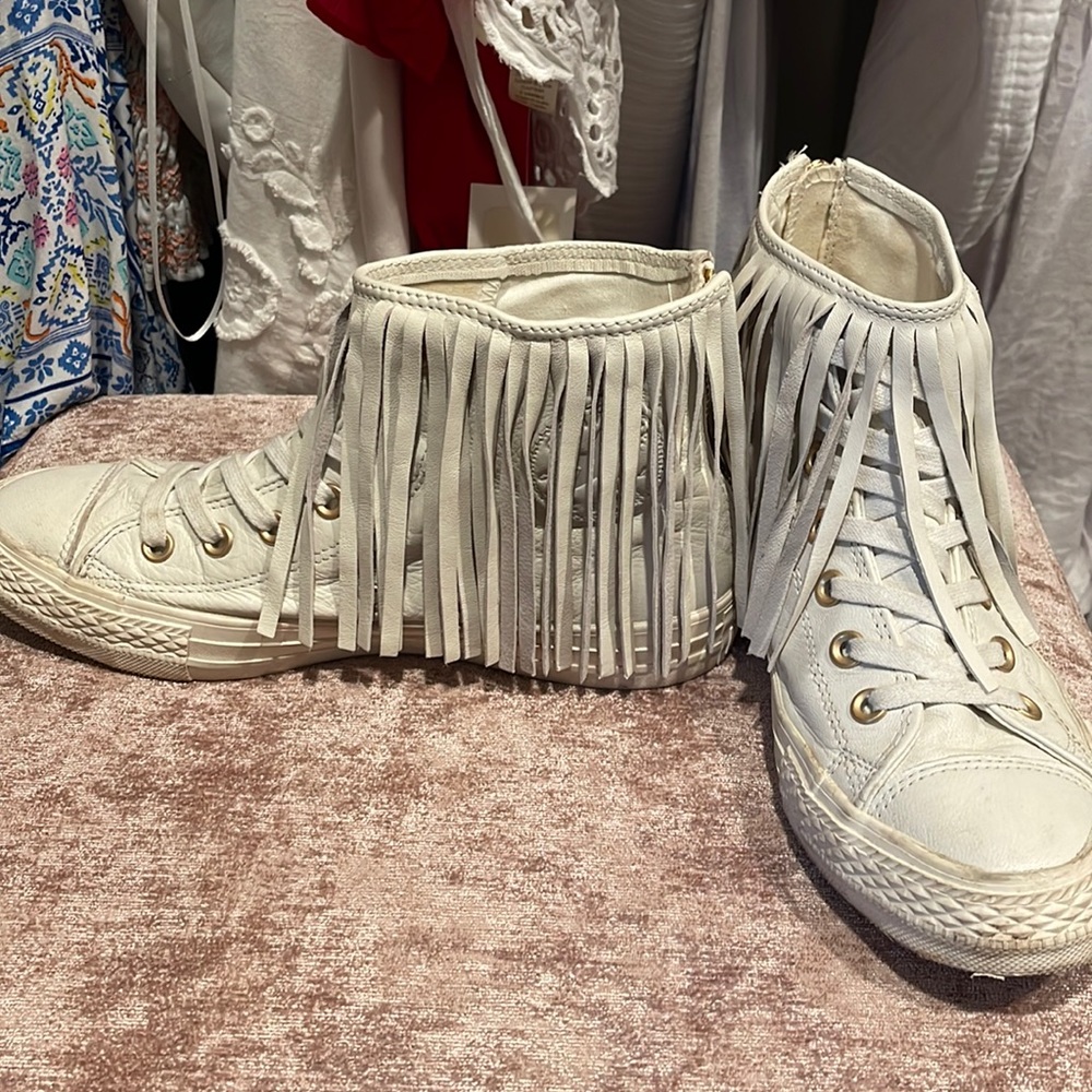 White faux leather fringe converse